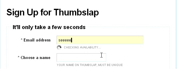 Thumbslap-Créer-Compte-vérification Thumbslap : formulaire avec vérification des champs au cours de la frappe