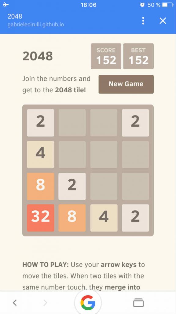 UX mobile : Exemple de Progressive Web App : jeu 2048 en ligne, utilisé en mode avion