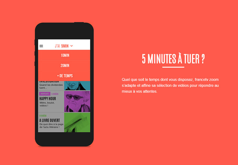 Image présentant le concept de l'application TV Zoom à savoir : proposer à l'utilisateur un programme à visionner selon ses intérêts et selon le temps dont il dispose.