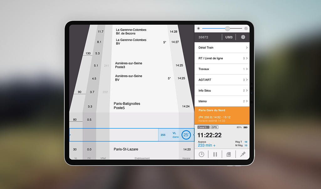 Ecran de l'application tablette Sirius NG utilisée par les conducteurs de train de la SNCF.