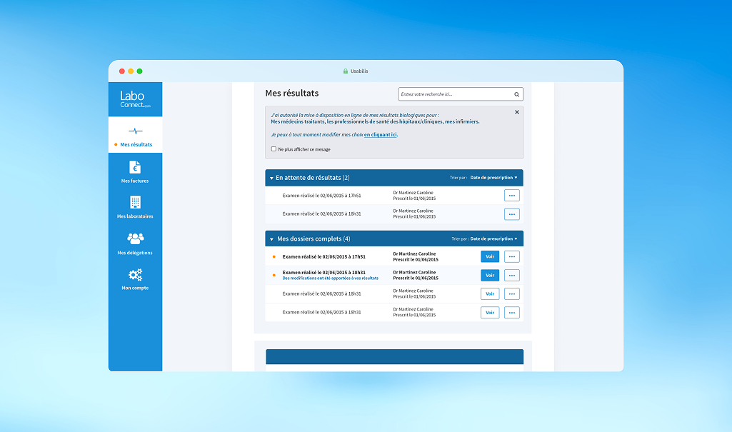 Ecran de l'application Labo-Connect permettant de consulter les résultats des analyses médicales.