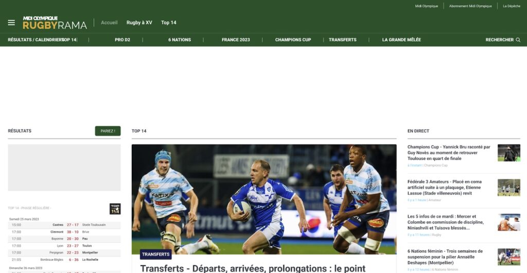 Page d'accueil du site Rugbyrama de La Dépêche avant la refonte UX/UI réalisée par Usabilis.