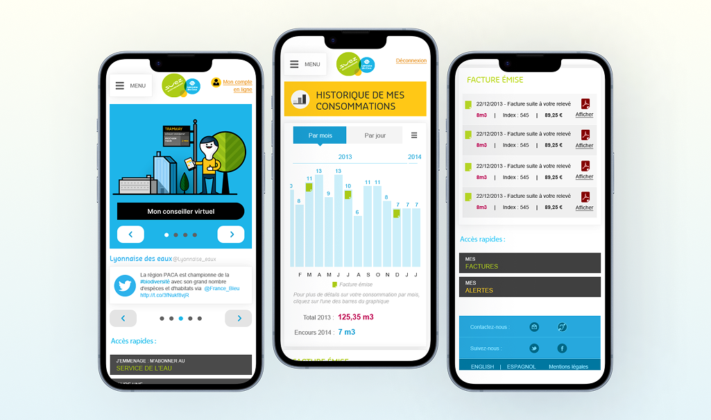 Ecrans de l'application mobile Suez "Tout sur mon eau" refondus avec Usabilis en Web responsive.