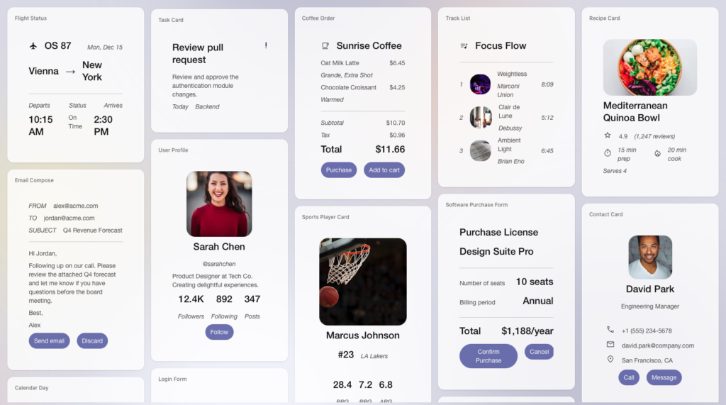 Galerie de composants A2UI : statut de vol, carte recette, commande de café, profil utilisateur, formulaire d'achat de licence