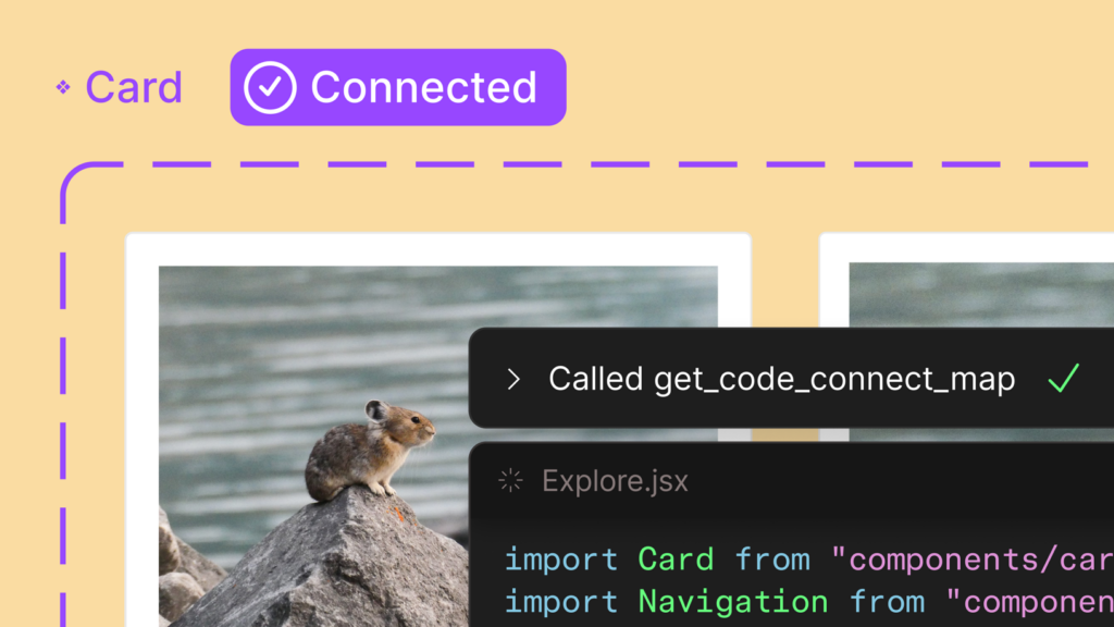 Visuel officiel Figma Code Connect : un composant Card marqué « Connected » et un assistant IA qui appelle get_code_connect_map puis importe les composants Card et Navigation depuis le code