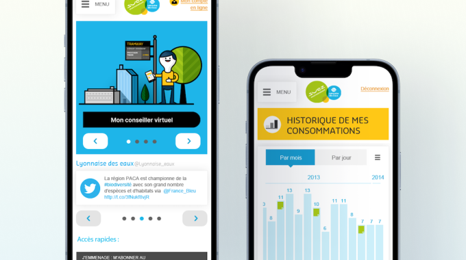 SUEZ declinaisons mobile first Les principaux écrans de l'application mobile conçus en 'mobile first' avec Usabilis.