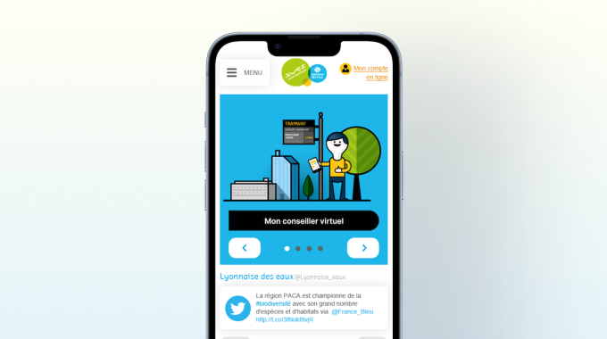 Suez-mon-conseiller-virtuel Ecran de l'application mobile Suez "Tout sur mon eau" montrant Olivier, le conseiller virtuel.